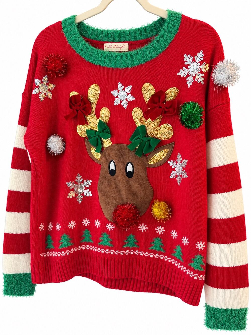 Christmas Sweater Rudolph Style Reindeer 3D Sequin Pom Pom Ribbon Red Womens L
